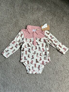 Angel Dear Pink & Cream Cowboy Boot Bamboo Polo Onesie Top for Kids NWT